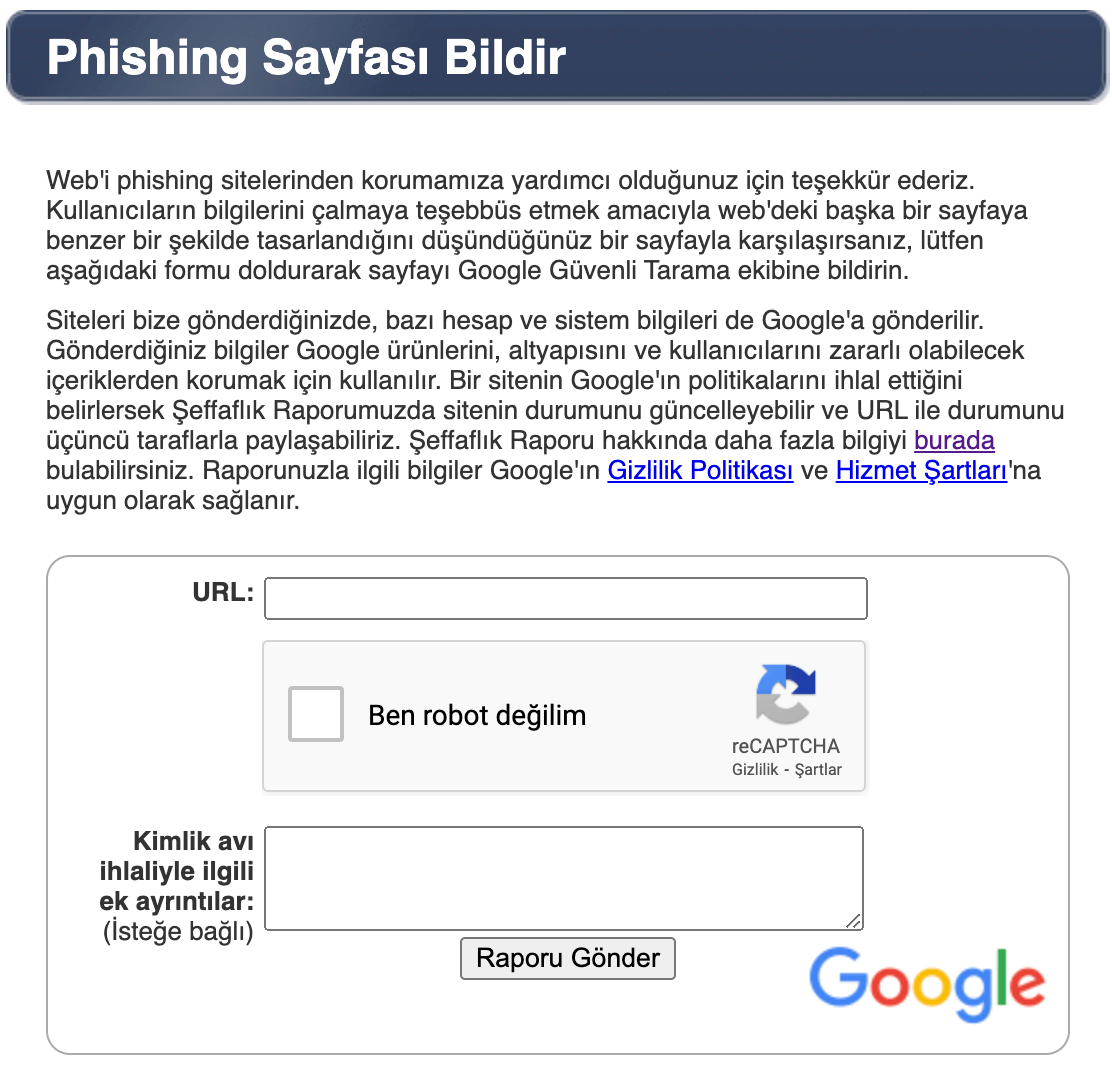 Phishing Sayfası Bildir